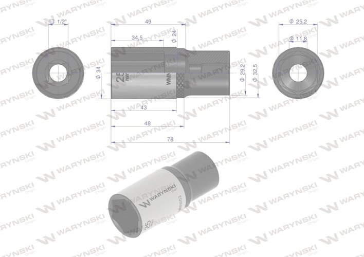 Nasadka sześciokątna 1/2". 25 mm. długa. CrV50BV30. DIN 3124. Waryński