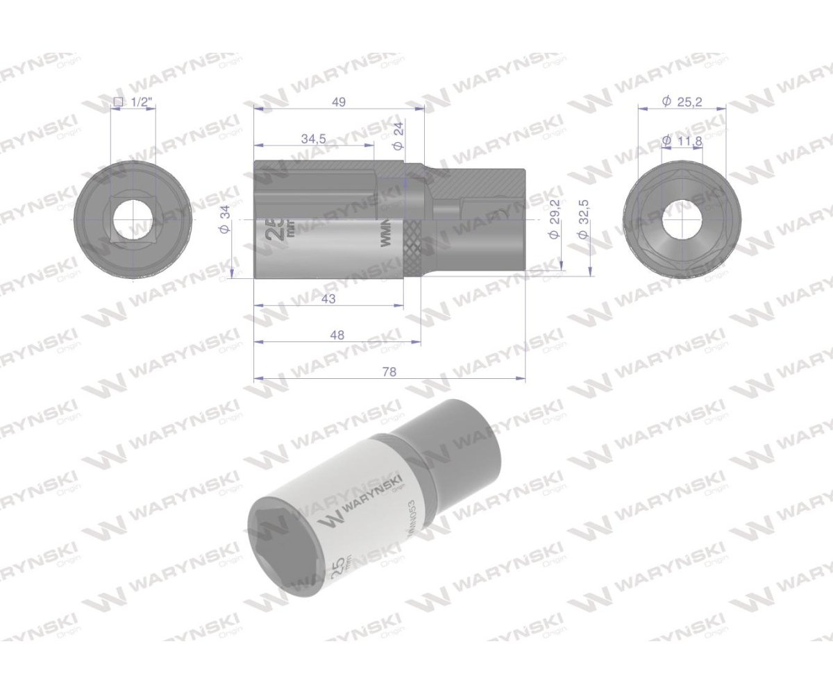 Nasadka sześciokątna 1/2". 25 mm. długa. CrV50BV30. DIN 3124. Waryński
