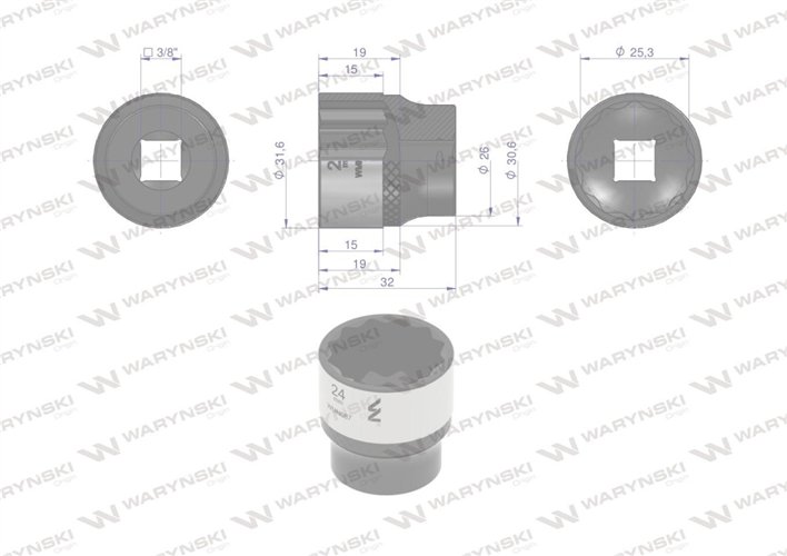 Nasadka dwunastokątna 3/8". 24 mm. CrV50BV30. DIN 3124. Waryński