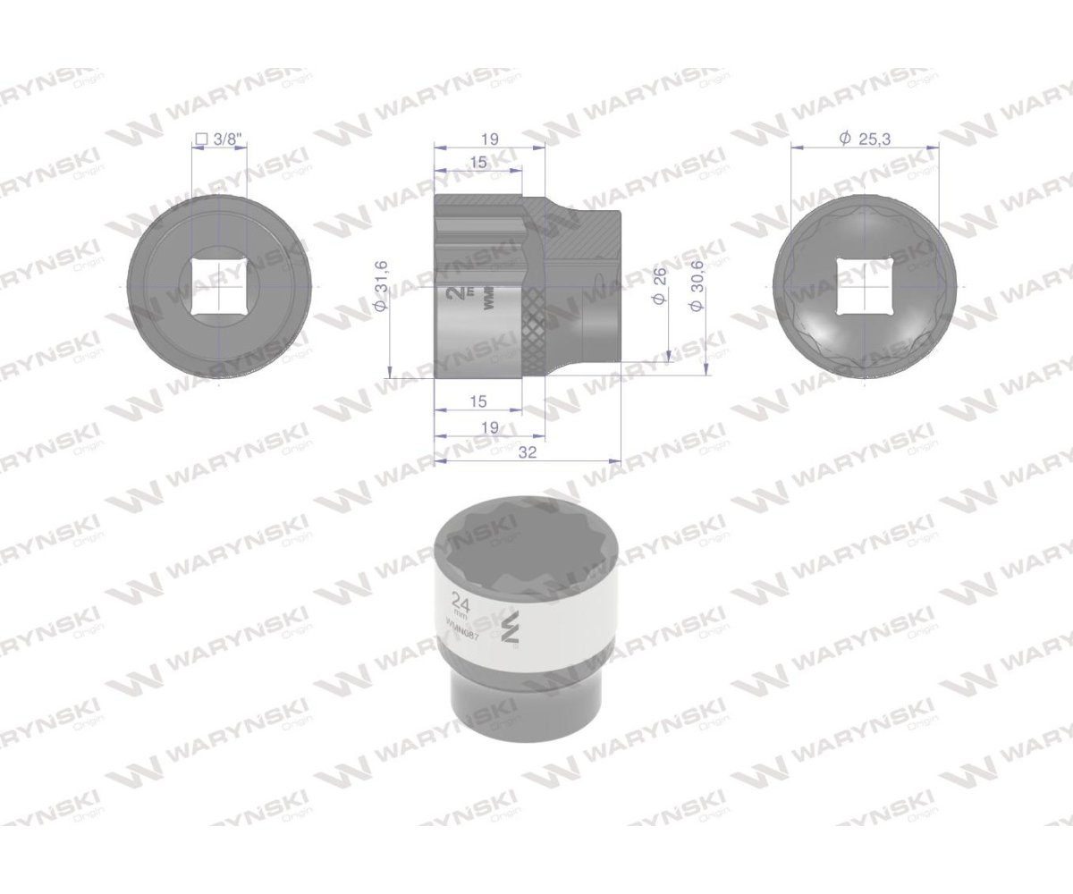 Nasadka dwunastokątna 3/8". 24 mm. CrV50BV30. DIN 3124. Waryński