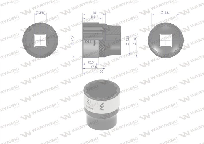 Nasadka dwunastokątna 3/8". 21 mm. CrV50BV30. DIN 3124. Waryński