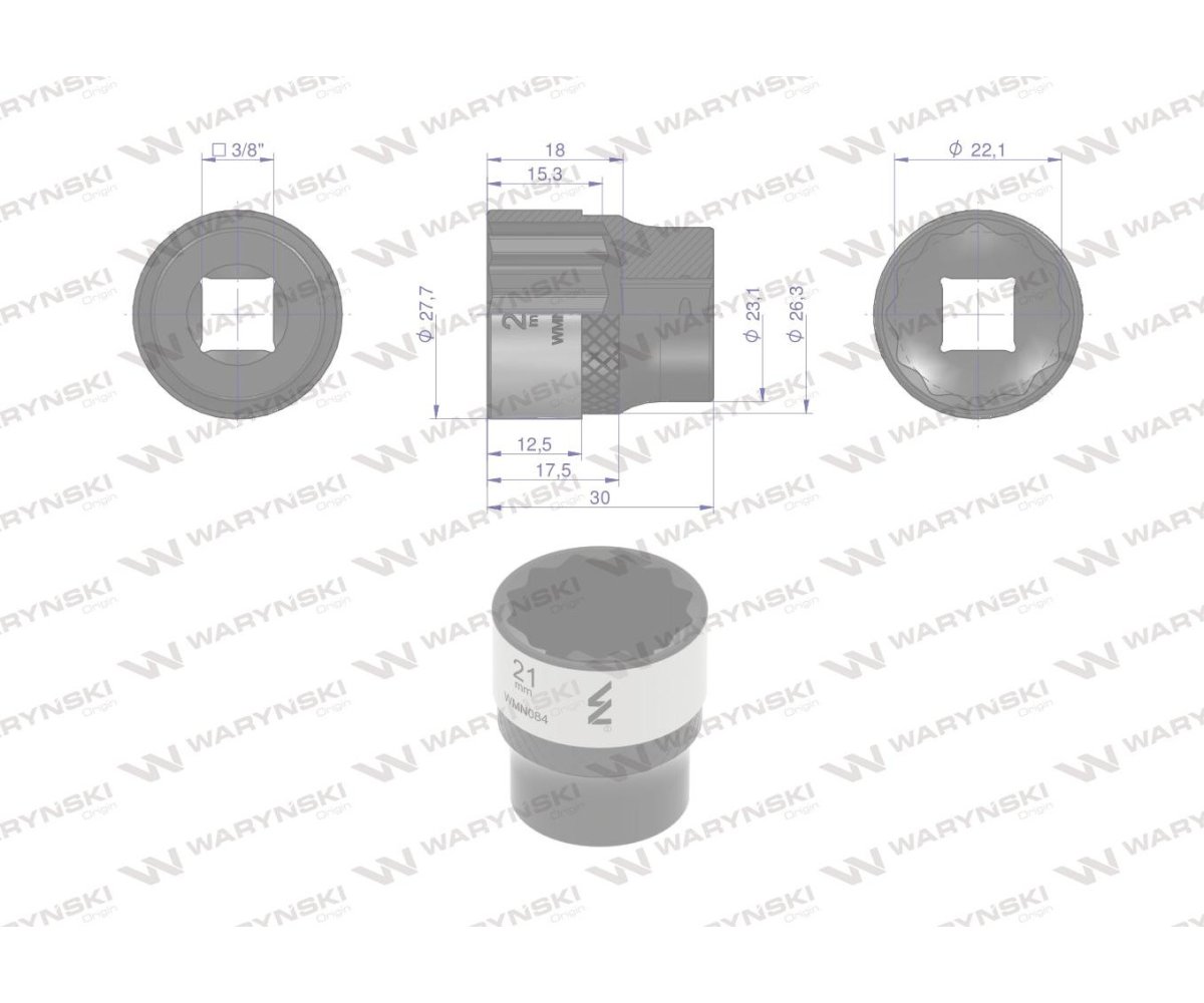 Nasadka dwunastokątna 3/8". 21 mm. CrV50BV30. DIN 3124. Waryński