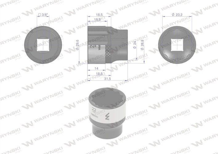 Nasadka dwunastokątna 3/8". 22 mm. CrV50BV30. DIN 3124. Waryński