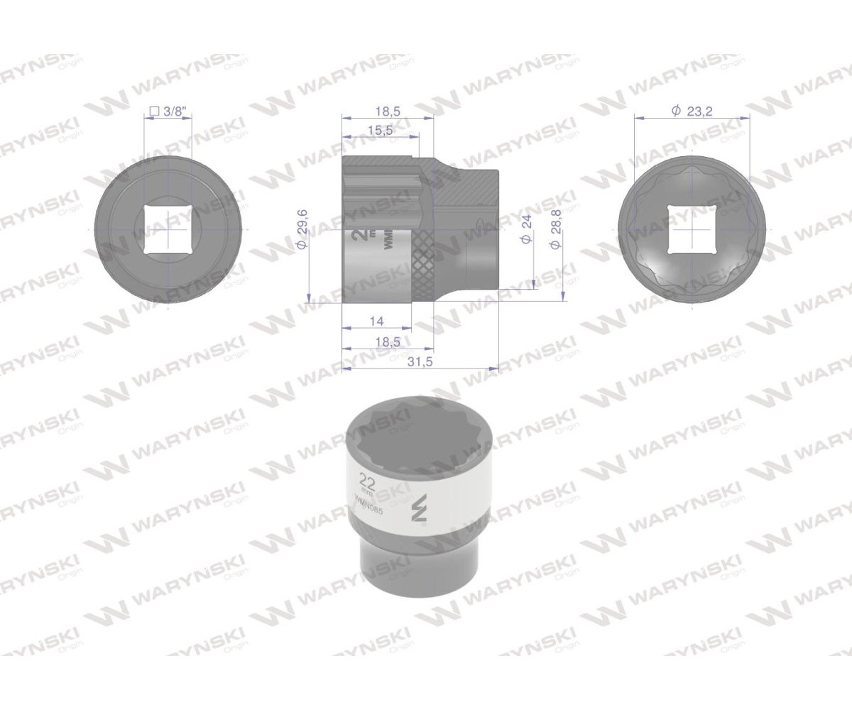 Nasadka dwunastokątna 3/8". 22 mm. CrV50BV30. DIN 3124. Waryński