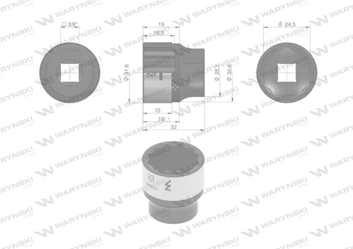 Nasadka dwunastokątna 3/8". 23 mm. CrV50BV30. DIN 3124. Waryński
