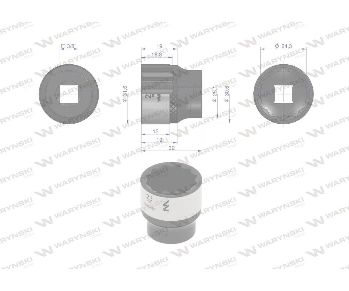 Nasadka dwunastokątna 3/8". 23 mm. CrV50BV30. DIN 3124. Waryński