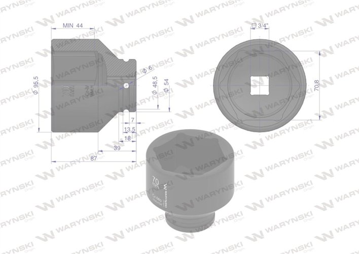 Nasadka udarowa sześciokątna 3/4". 70 mm. CrMo. DIN 3129. Waryński