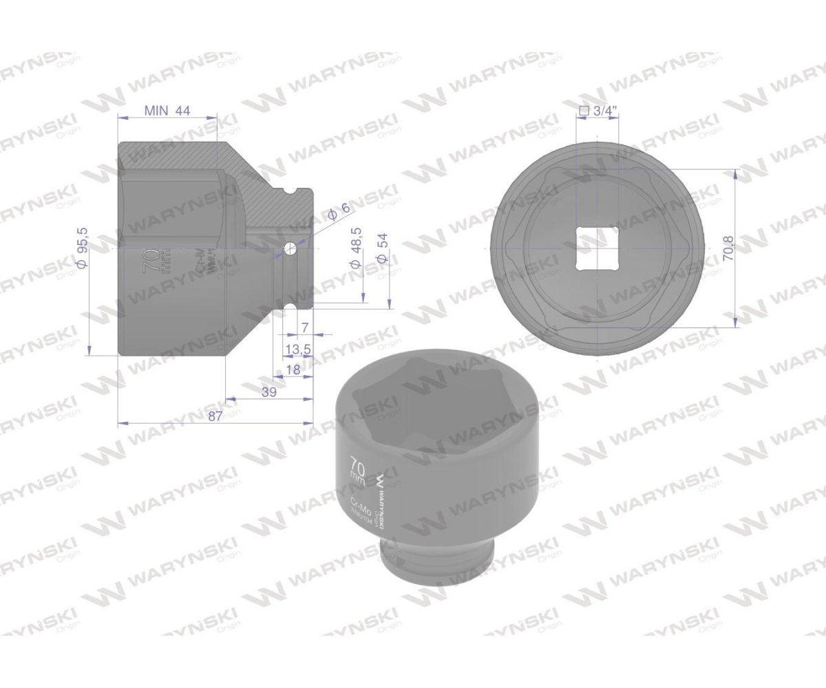 Nasadka udarowa sześciokątna 3/4". 70 mm. CrMo. DIN 3129. Waryński