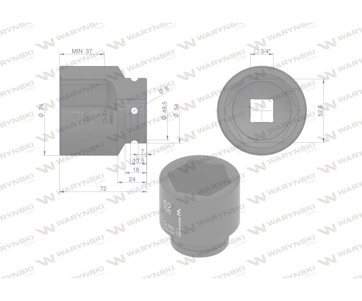 Nasadka udarowa sześciokątna 3/4". 52 mm. CrMo. DIN 3129. Waryński
