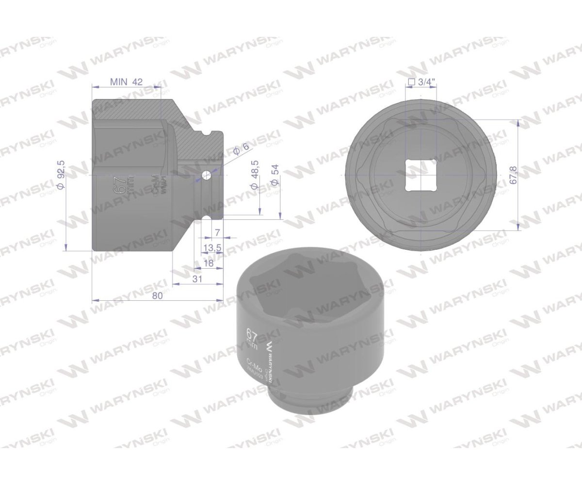 Nasadka udarowa sześciokątna 3/4". 67 mm. CrMo. DIN 3129. Waryński