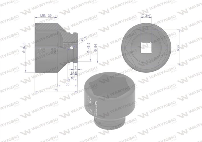 Nasadka udarowa sześciokątna 3/4". 63 mm. CrMo. DIN 3129. Waryński