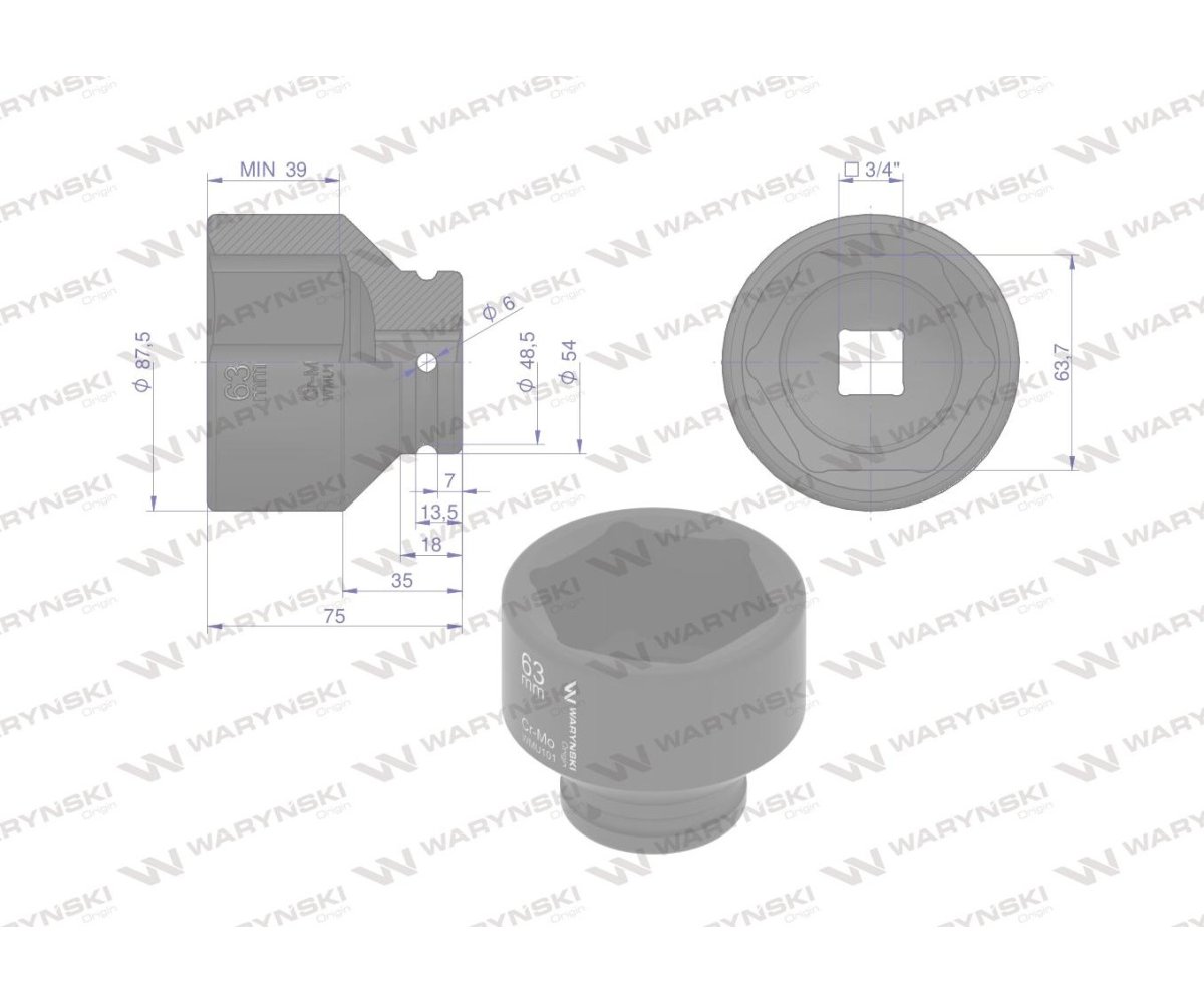 Nasadka udarowa sześciokątna 3/4". 63 mm. CrMo. DIN 3129. Waryński