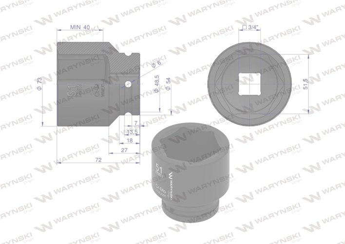 Nasadka udarowa sześciokątna 3/4". 51 mm. CrMo. DIN 3129. Waryński