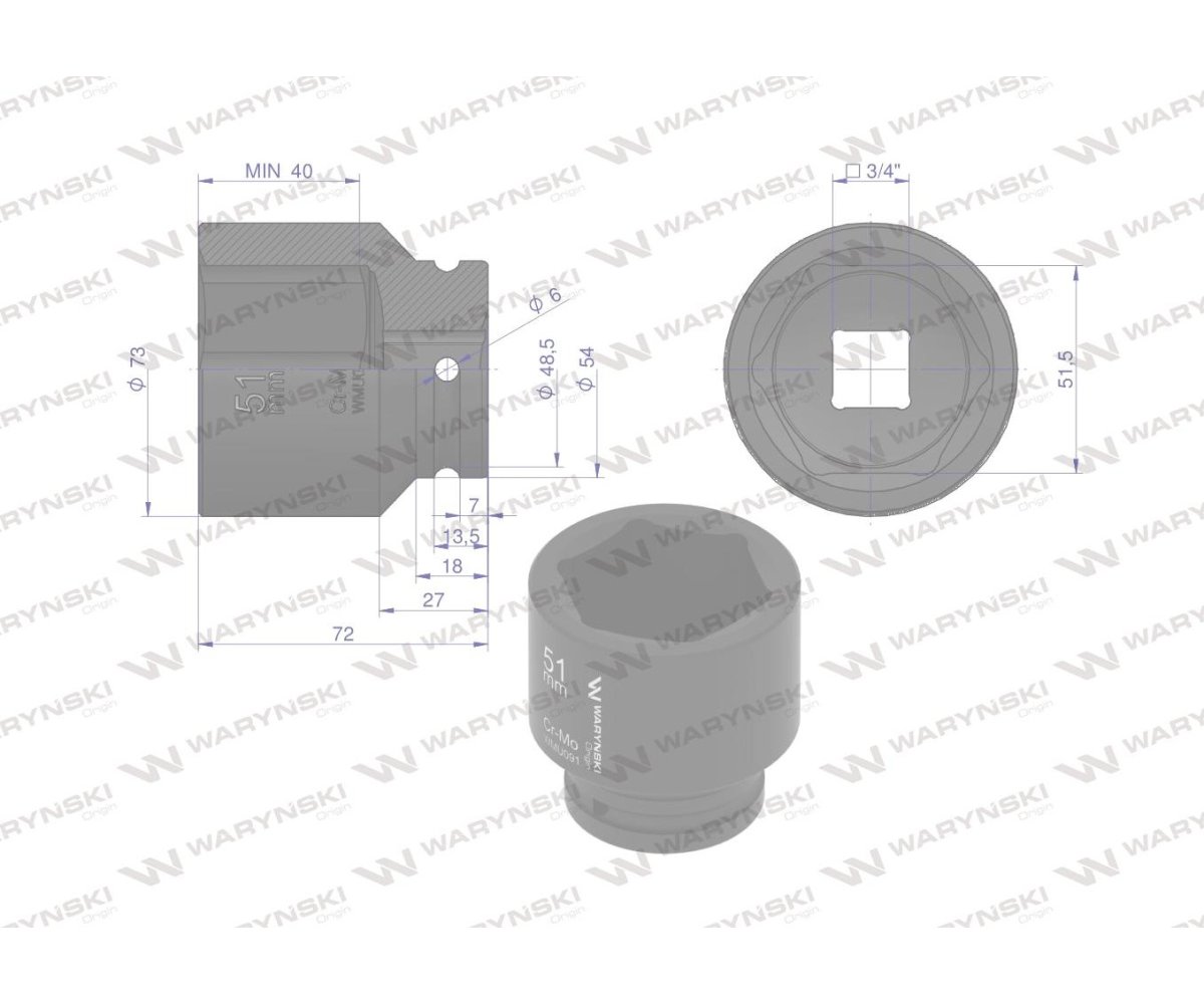Nasadka udarowa sześciokątna 3/4". 51 mm. CrMo. DIN 3129. Waryński
