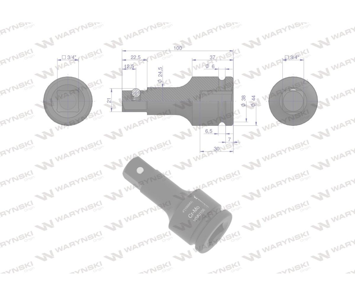 Przedłużka do nasadek udarowych 3/4". 100mm. CrMo. Waryński