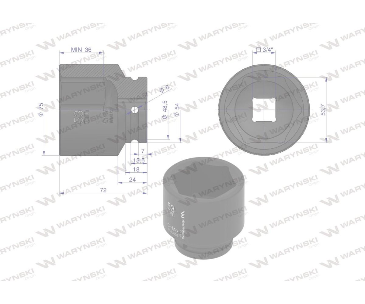 Nasadka udarowa sześciokątna 3/4". 53 mm. CrMo. DIN 3129. Waryński