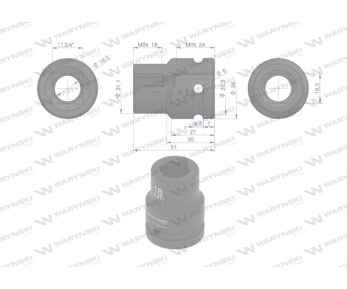 Nasadka udarowa sześciokątna 3/4". 18 mm. CrMo. DIN 3129. Waryński