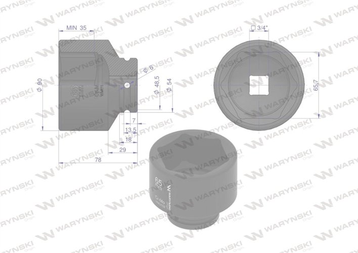 Nasadka udarowa sześciokątna 3/4". 65 mm. CrMo. DIN 3129. Waryński