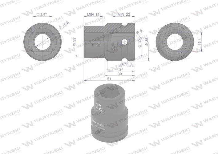 Nasadka udarowa sześciokątna 3/4". 19 mm. CrMo. DIN 3129. Waryński