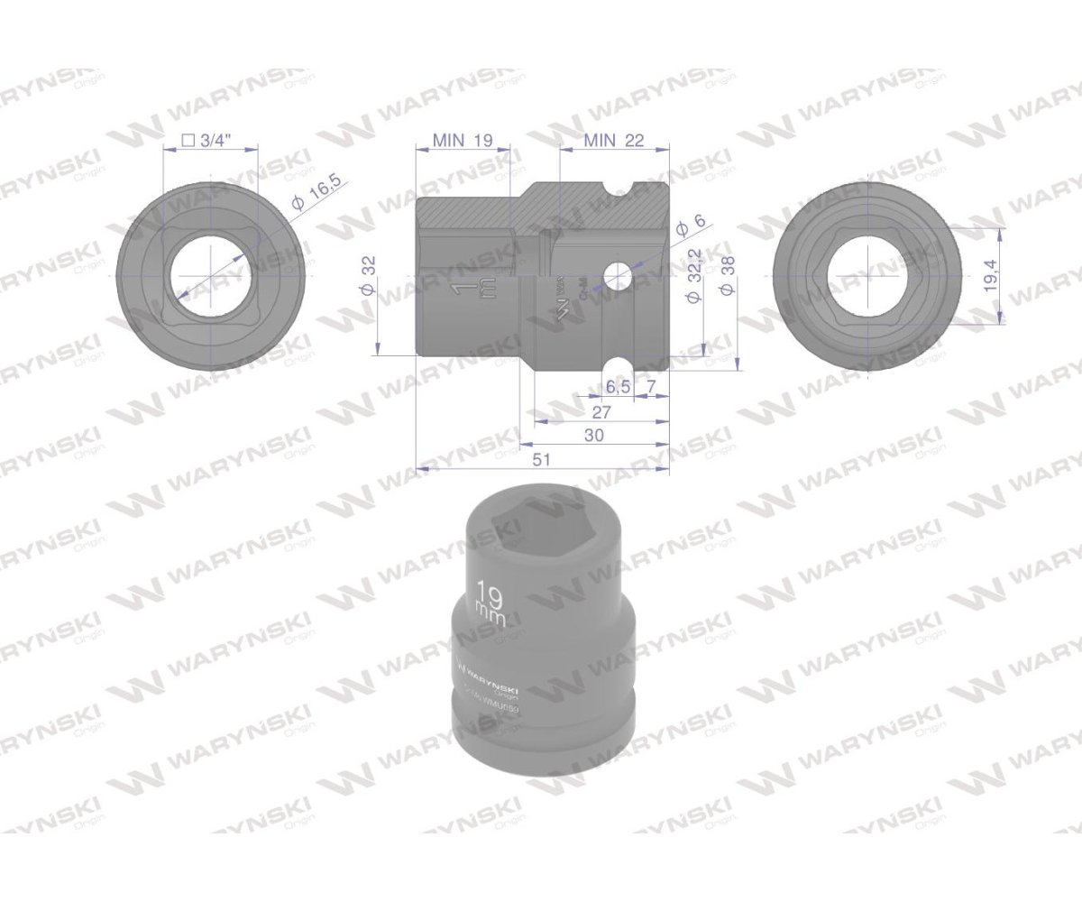 Nasadka udarowa sześciokątna 3/4". 19 mm. CrMo. DIN 3129. Waryński