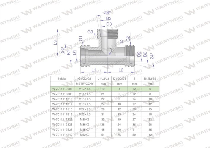 Trójnik hydrauliczny metryczny BBB M12x1.5 06L (XT) Waryński ( sprzedawane po 2 )