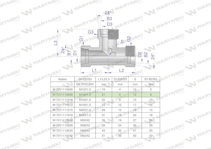 Trójnik hydrauliczny metryczny BBB M14x1.5 08L (XT) Waryński ( sprzedawane po 2 )