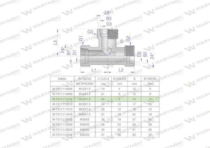 Trójnik hydrauliczny metryczny BBB M16x1.5 10L (XT) Waryński ( sprzedawane po 5 )