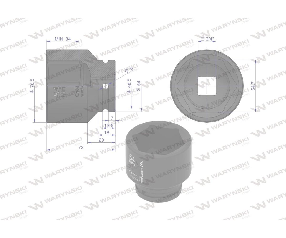 Nasadka udarowa sześciokątna 3/4". 54 mm. CrMo. DIN 3129. Waryński