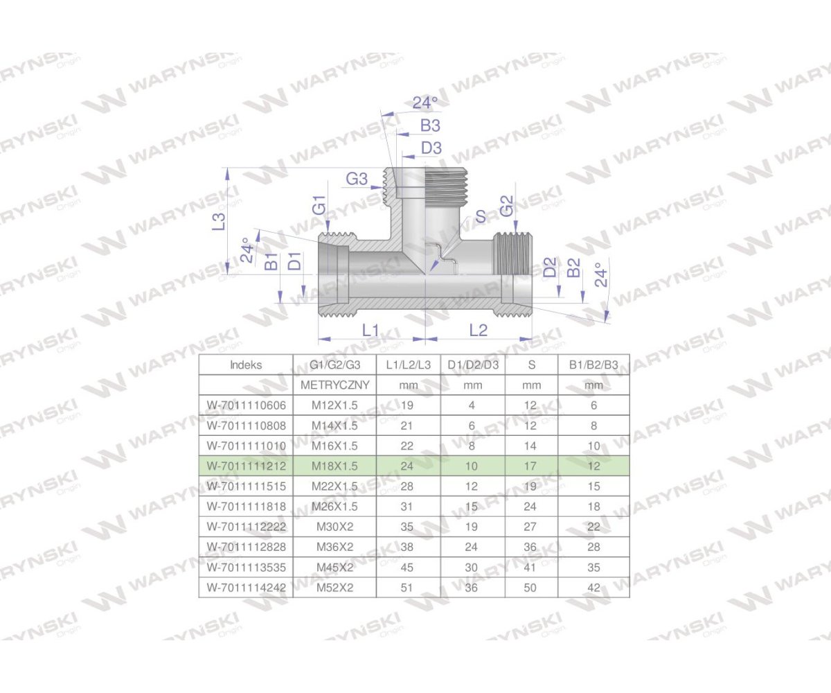 Trójnik hydrauliczny metryczny BBB M18x1.5 12L (XT) Waryński ( sprzedawane po 50 )