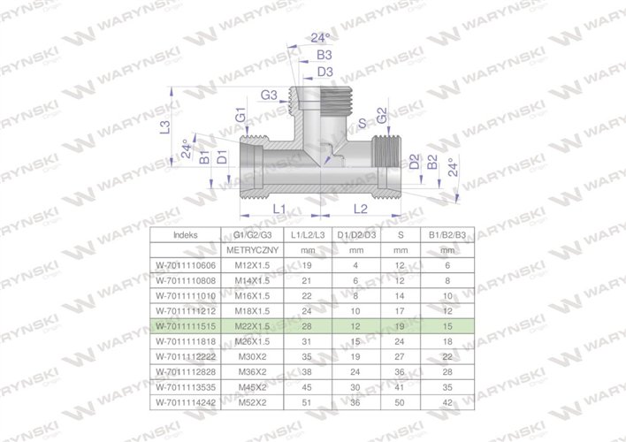 Trójnik hydrauliczny metryczny BBB M22x1.5 15L (XT) Waryński ( sprzedawane po 5 )