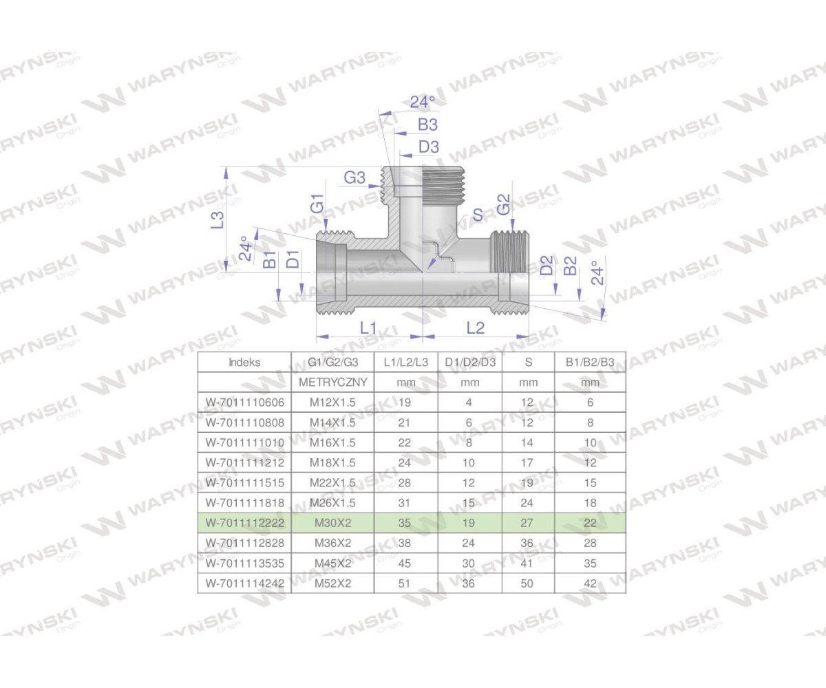 Trójnik hydrauliczny metryczny BBB M30x2 22L (XT) Waryński
