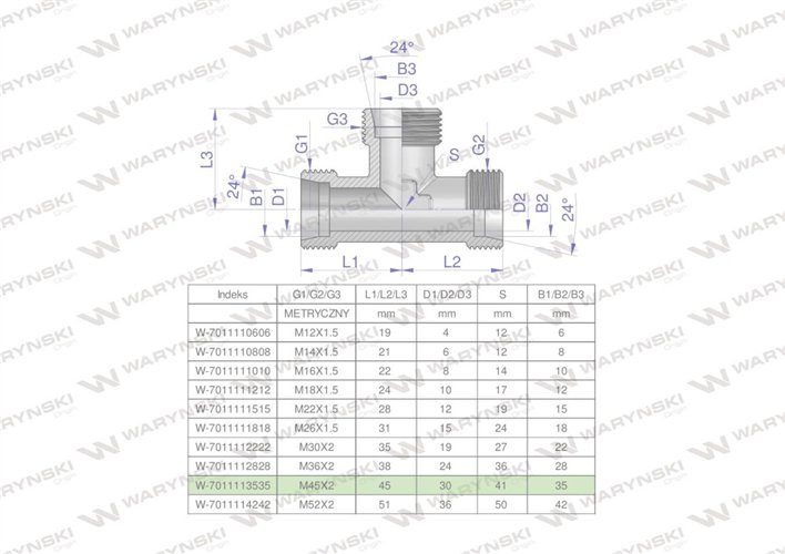 Trójnik hydrauliczny metryczny BBB M45x2 35L (XT) Waryński