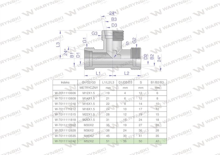 Trójnik hydrauliczny metryczny BBB M52x2 42L (XT) Waryński