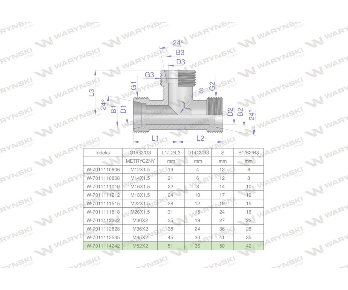 Trójnik hydrauliczny metryczny BBB M52x2 42L (XT) Waryński
