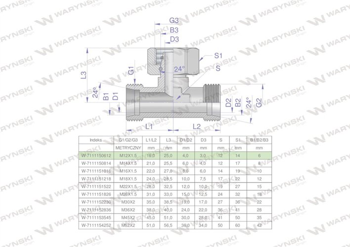 Trójnik hydrauliczny symetryczny metryczny BAB M12x1.5 06L (XEVT) Waryński ( sprzedawane po 2 )