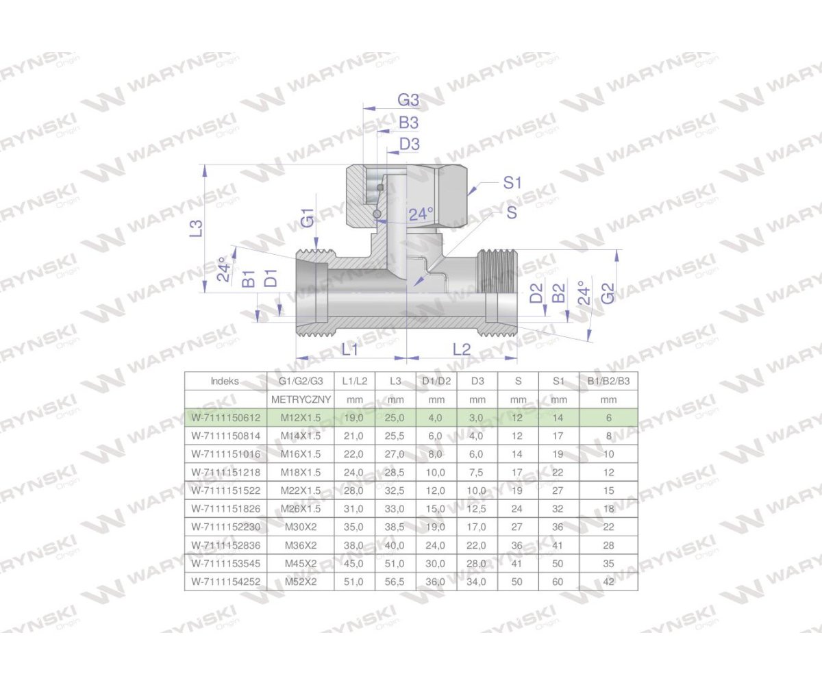 Trójnik hydrauliczny symetryczny metryczny BAB M12x1.5 06L (XEVT) Waryński ( sprzedawane po 2 )