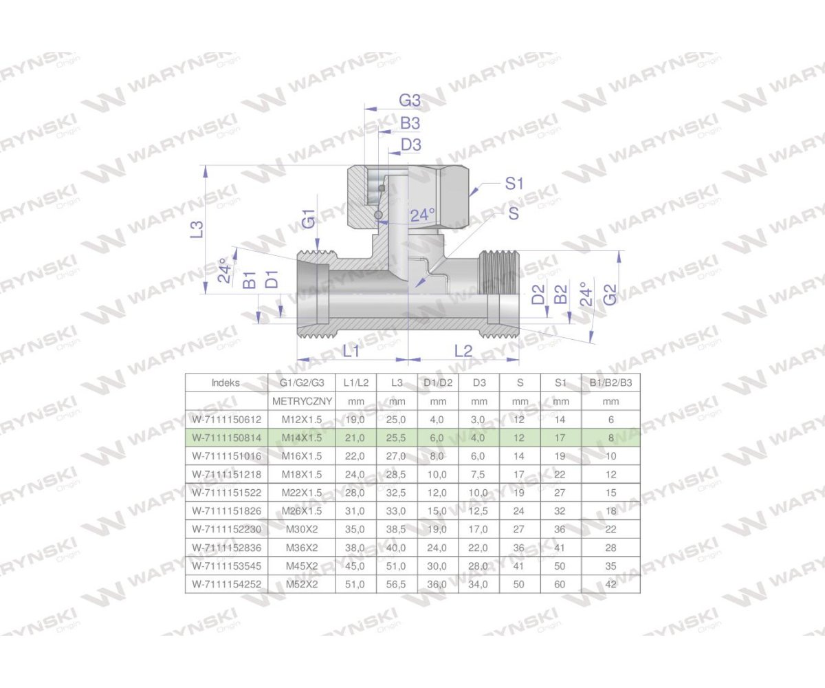 Trójnik hydrauliczny symetryczny metryczny BAB M14x1.5 08L (XEVT) Waryński ( sprzedawane po 2 )