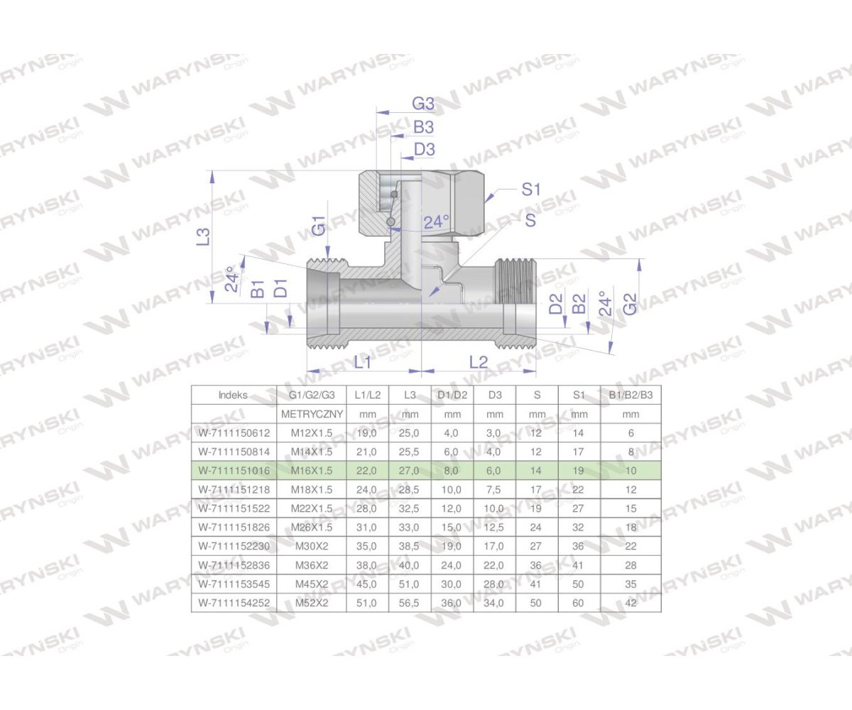 Trójnik hydrauliczny symetryczny metryczny BAB M16x1.5 10L (XEVT) Waryński ( sprzedawane po 5 )
