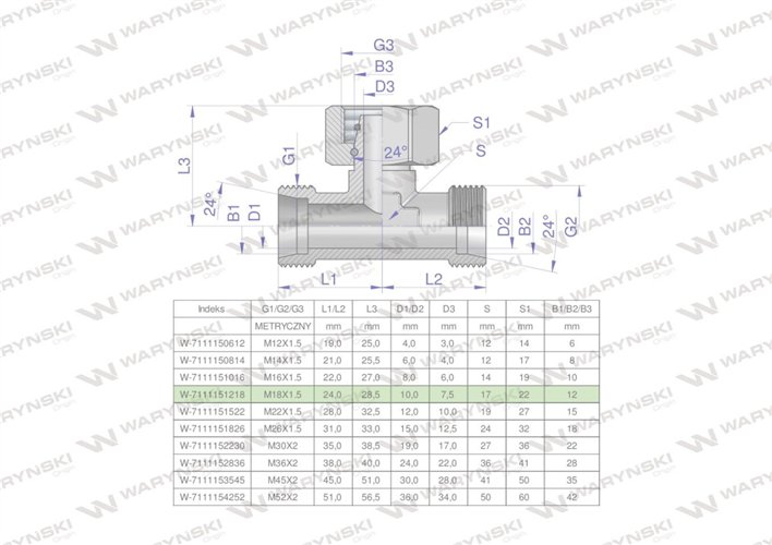 Trójnik hydrauliczny symetryczny metryczny BAB M18x1.5 12L (XEVT) Waryński ( sprzedawane po 50 )