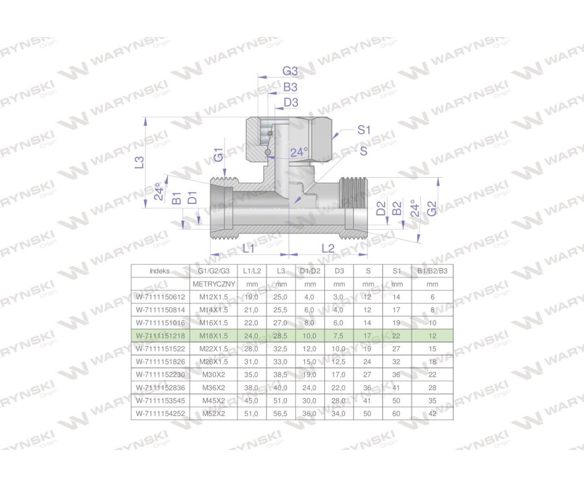 Trójnik hydrauliczny symetryczny metryczny BAB M18x1.5 12L (XEVT) Waryński ( sprzedawane po 50 )