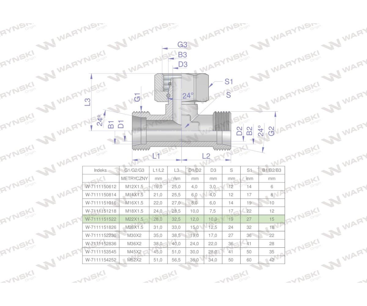 Trójnik hydrauliczny symetryczny metryczny BAB M22x1.5 15L (XEVT) Waryński ( sprzedawane po 5 )