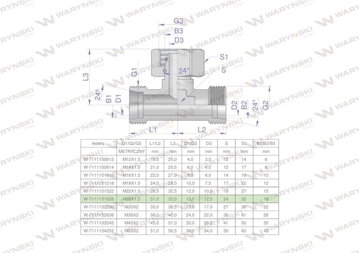 Trójnik hydrauliczny symetryczny metryczny BAB M26x1.5 18L (XEVT) Waryński