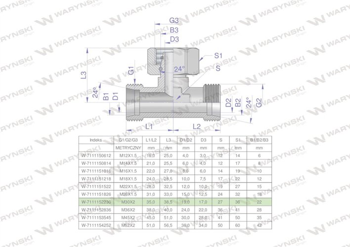 Trójnik hydrauliczny symetryczny metryczny BAB M30x2 22L (XEVT) Waryński