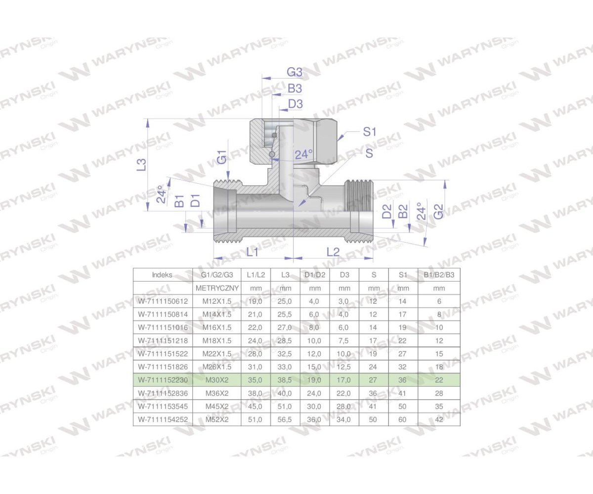 Trójnik hydrauliczny symetryczny metryczny BAB M30x2 22L (XEVT) Waryński
