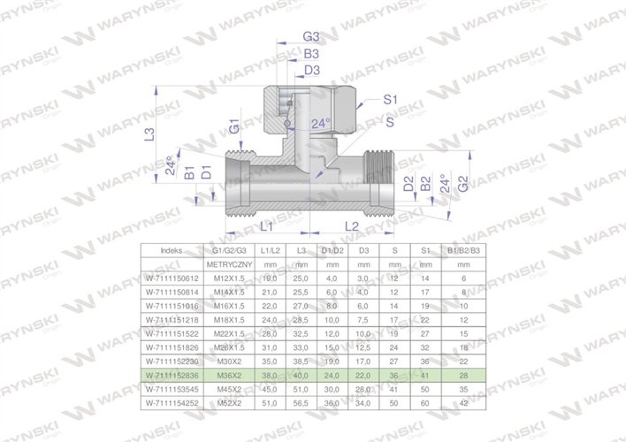 Trójnik hydrauliczny symetryczny metryczny BAB M36x2 28L (XEVT) Waryński