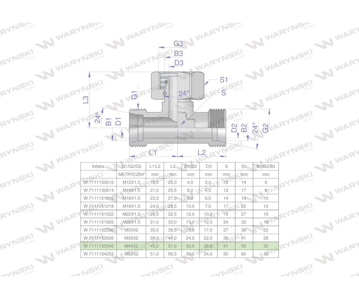 Trójnik hydrauliczny symetryczny metryczny BAB M45x2 35L (XEVT) Waryński