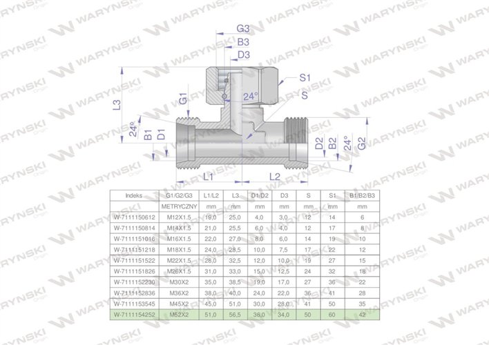 Trójnik hydrauliczny symetryczny metryczny BAB M52x2 42L (XEVT) Waryński