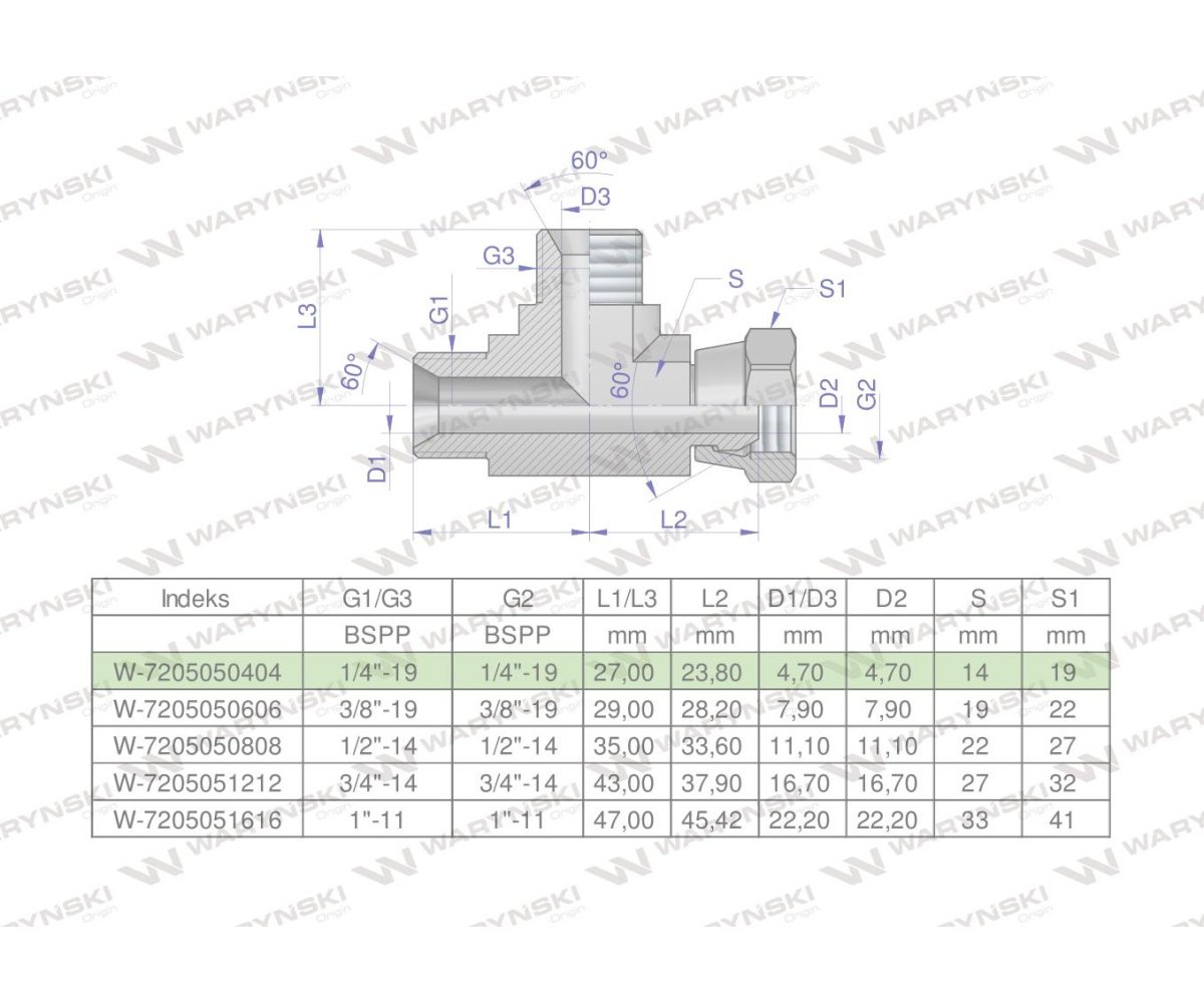 Trójnik hydrauliczny niesymetryczny calowy BBA 1/4" BSP (XEVL) Waryński