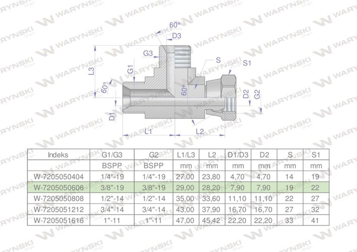 Trójnik hydrauliczny niesymetryczny calowy BBA 3/8" BSP (XEVL) Waryński