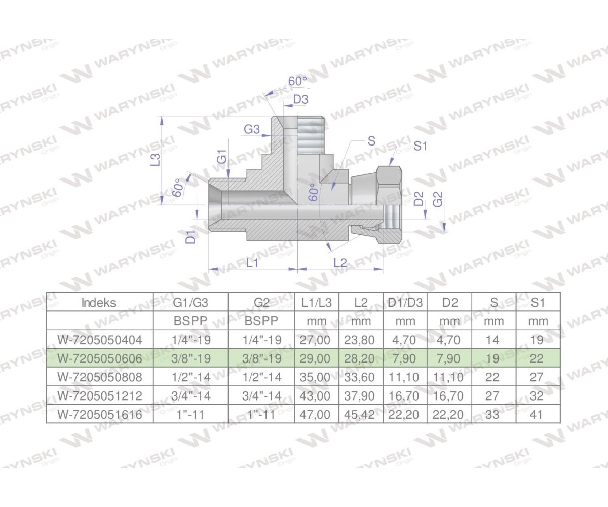 Trójnik hydrauliczny niesymetryczny calowy BBA 3/8" BSP (XEVL) Waryński